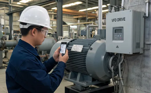 Technician photographing motor nameplate