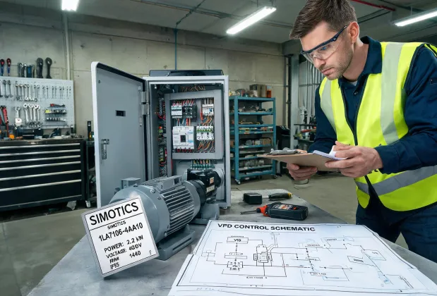 Engineer reviewing motor control cabinet